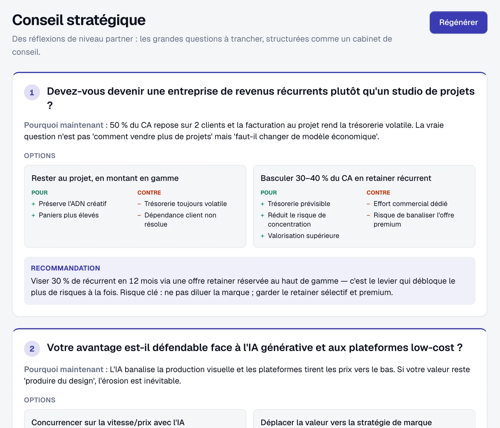 Conseil stratégique : options, pour, contre et recommandation