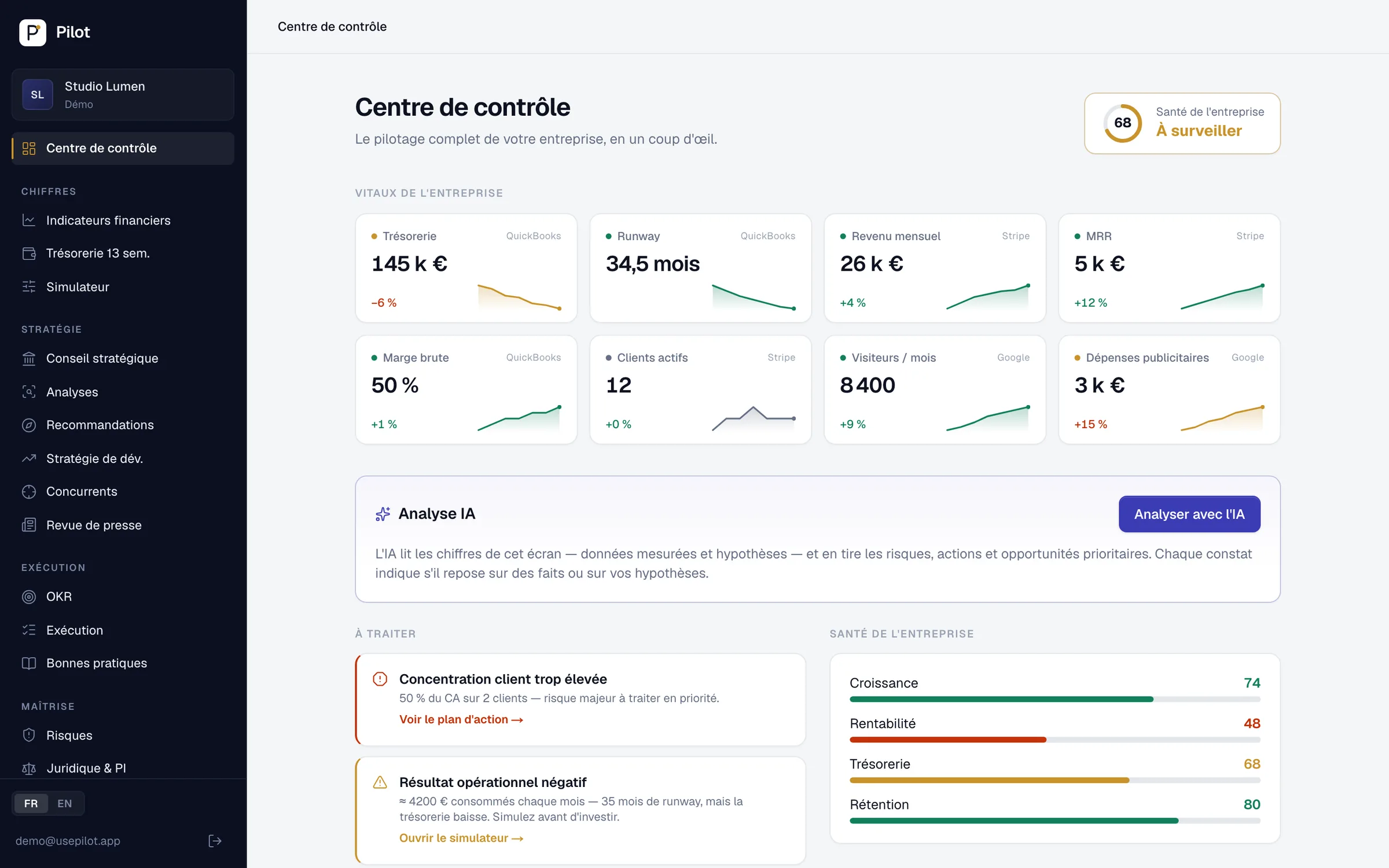 Le centre de contrôle de Pilot : trésorerie, runway, revenu, marge et santé de l'entreprise